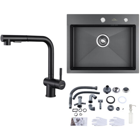 Fregadero de Cocina 55 x 45cm + Grifo de cocina con ducha extraíble en Acero inoxidable Negro, con Dispensador de Jabón 300ml y Sifón set