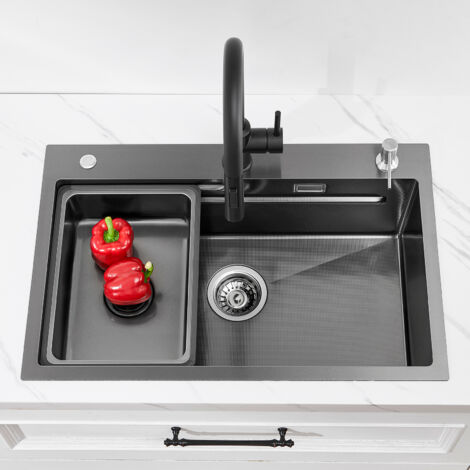 CECIPA Fregadero de cocina de acero inoxidable 70x45, fregadero sobremontable, fregadero de cocina en relieve con dispensador de jabón, escurridor, fregadero pequeño negro