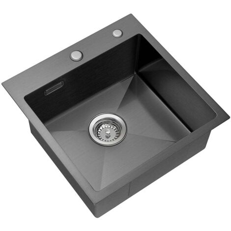 Fregadero de Cocina un Seno 45 x 45 cm Fregadero de Acero Inoxidable, Fregadero Cuadrado con desagüe y Sifón, Sobre Encimera o Encastrado, Gris oscuro