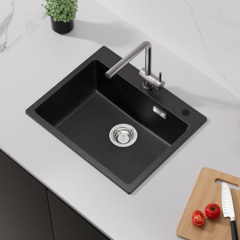 55 x 45 cm Fregadero de Cocina un Seno de granito, Fregadero Cuadrado en resina Negro, con Desagüe y Sifón