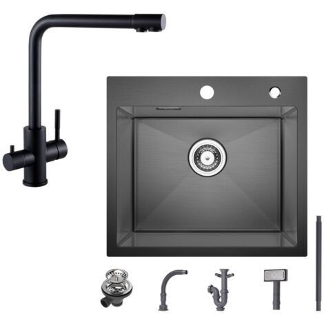 Fregadero con 1 seno Fregadero de acero inoxidable 50×45CM negro antracita + grifo de cocina negro Grifo para fregadero 3 en 1, altura 344 mm