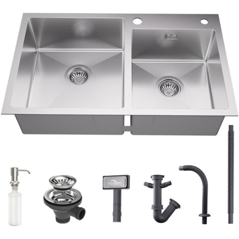 Auralum Fregadero Cocina con dos cubetas 75x45cm Fregadero empotrado Cuadrado en Acero Inoxidable con 300ml Dispensador de Jabón, Desagüe y Sifón