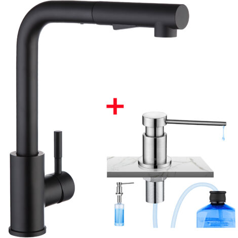 Cecipa Grifo de Cocina Extraíble Grifo de Cocina de Acero Inoxidable Negro + Dispensador de Jabón de Cocina con Contenedor de 300 ML Cepillado