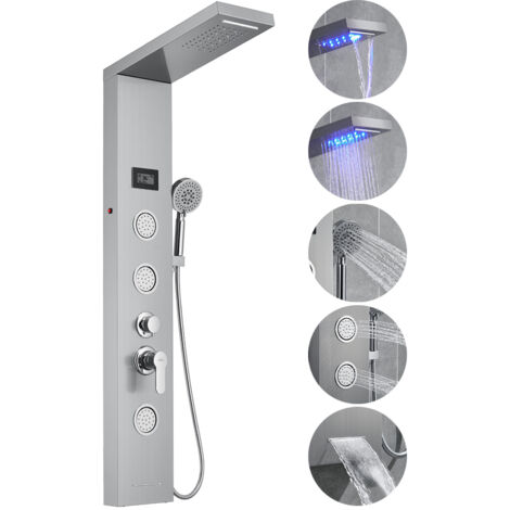 Hidromasaje Columna de Ducha LED Luces con LCD Pantalla Inteligente 5 Función de Panel de Ducha Hidro-masaje de Acero Inoxidable Cepillado con Ducha Lluvia+Ducha de Mano con boquillas anticalcárea