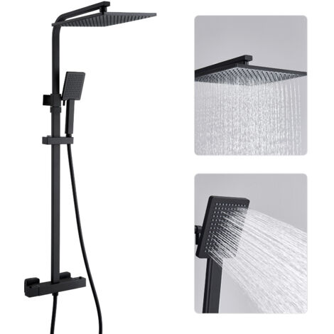 Auralum Max Sistema de ducha con termostato, grifo de ducha, set de ducha con ducha de lluvia de 25 cm, teleducha y barra de ducha regulable en altura, color negro (1/5)