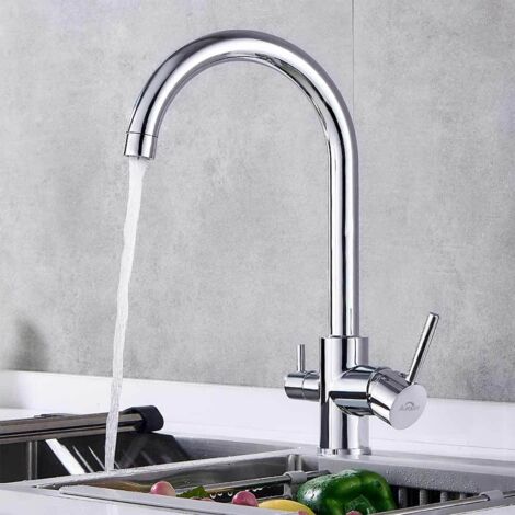Auralum Grifos Cocina Fregadero Osmosis 3 Vías con Dos Salidas, Grifo Agua Potable, Grifo Fregadero con Aireado, Giratorio 360°, Cromo