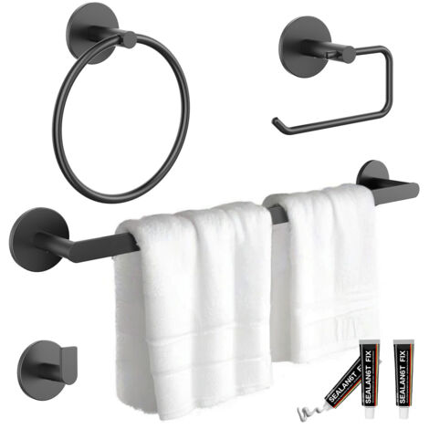 Juego de accesorios de baño de acero inoxidable de 4 piezas: Toallero, portarrollos, anilla para toalla y perchero (negro)