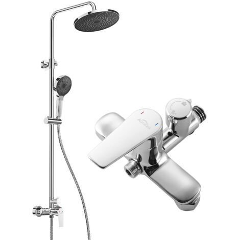 Auralum Columna de ducha con Mezclador, Conjunto de Ducha 2 Funciones Sistema de Ducha con Ducha de lluvia y Teleducha con 3 modos, Altura ajustable de 103-139 cm tras la instalación