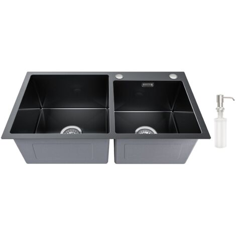 Fregadero cocina con 2 Senos Gris oscuro, 75 x 45cm Fregadero de cocina de acero inoxidable, Fregadero empotrado Cuadrado con Dispensador de Jabón, Desagüe y Sifón