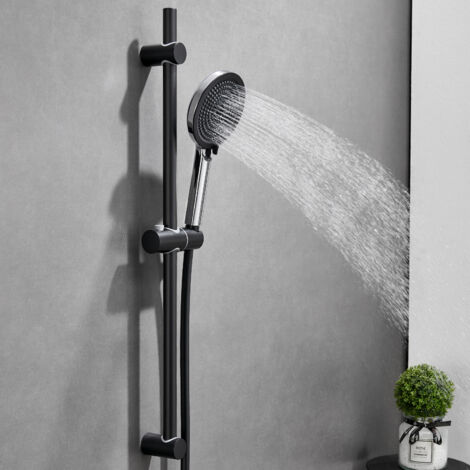 Auralum Max Barra de ducha con ducha de mano de 4 chorros, soporte para alcachofa y flexo, juego de ducha ajustable y sistema de ducha de acero inoxidable negro (1/5)