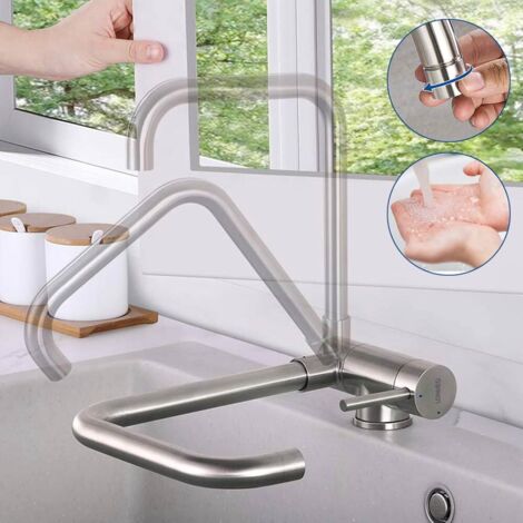 Lonheo Grifo Cocina Plegable Grifo de Fregadero Giratorio 360°, Mezclador Monomando Cocina de Acero Inox, Grifo debajo de Ventana. (1/5)