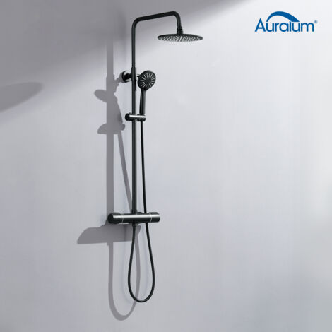 Auralum Columna Ducha Termostática Negro, Conjunto de ducha con Grifo Termostatico, Sistema de Ducha con Alcachofa de ducha lluvia y 3 modos Ducha de Mano, Altura regulable 84-121cm