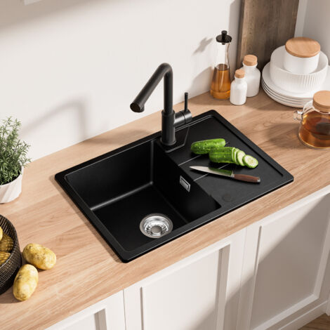 Fregadero de cocina de granito DERW max de 65 x 45 cm, de cuarzo y un solo seno - Fregadero bajo encimera con escurridor - Negro