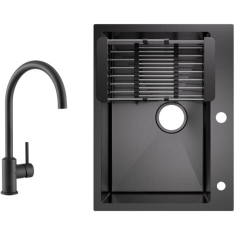 Fregadero de cocina de acero inoxidable 60x45cm fregadero sobre encimera negro antracita + grifo de cocina de alta presión negro alto 363,7MM (1/4)