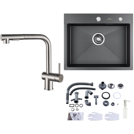Fregadero de Cocina 55 x 45cm + Grifo de cocina con ducha extraíble en Acero inoxidable, con Dispensador de Jabón 300ml y Sifón set