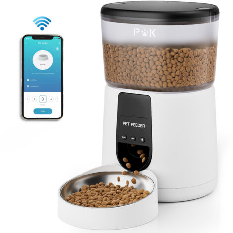 Dispensador automático de comida para gatos PUPPY KITTY, wifi 2.4G, 4 L, aplicación conectada, grabación de voz 10S, de 1 a 10 comidas al día (blanco)