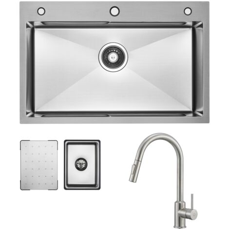 Fregadero de cocina de acero inoxidable 70x45cm cepillado con escurridor + grifo de cocina extraíble cepillado con 2 tipos de chorro grifo de cocina alto 404MM (1/5)