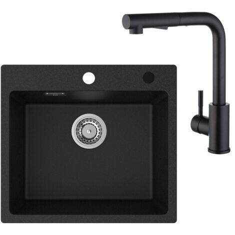 Fregadero de 1 seno Fregadero de granito de 50×45 cm negro antracita + grifo de cocina con 2 tipos de chorro grifo para fregadero extraíble negro, altura 345 mm