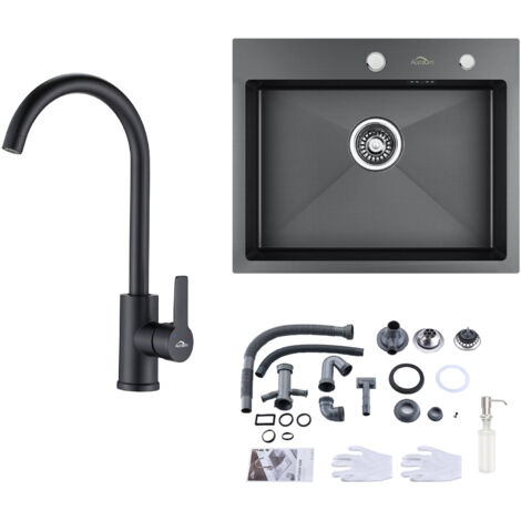 Auralum Fregadero de cocina fregadero empotrado de acero inoxidable 55 × 45 CM negro gris + grifo de cocina de alta presión negro (1/5)