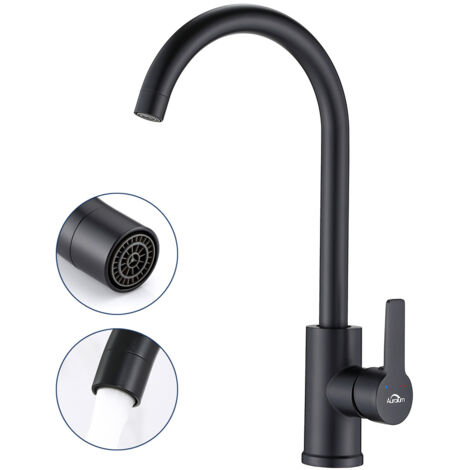 Grifo de Cocina Negro Caño Alto Diseño Elegante Giro de 360°Grifo de Fregadero Monomando Acero inoxidable Mezclador para Agua Fría y Caliente (1/8)