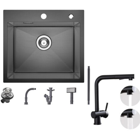 Fregadero de 1 seno Fregadero de acero inoxidable de 50×45 cm negro antracita + grifo de cocina con 2 tipos de chorro grifo para fregadero extraíble negro, altura 312 mm