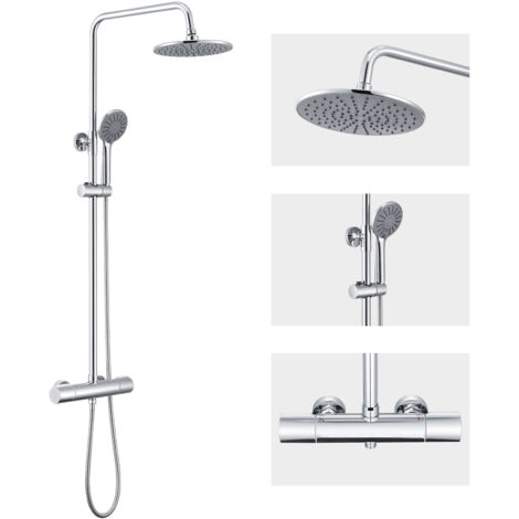 Columna de ducha Termostática con Grifo Redondo Sistema de Ducha antiquemaduras con 9 Pulgadas Ducha de Lluvia y 3 Funciones Ducha de Mano con boquillas anticalcárea, Altura Ajustable 840mm-1210mm