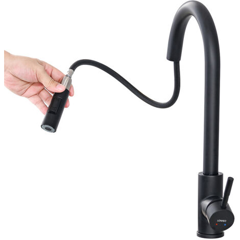 Lonheo Grifo Cocina Extraíble, 360° Giratorio Fregadero de Cocina, Grifo de Fregadero Monomando con 2 Modes de salidas de agua, Negro Matto
