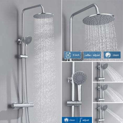 Columna Ducha Termostática, Conjunto de ducha con Grifo Termostatico, Sistema de Ducha con Alcachofa de ducha lluvia y 3 modos Ducha de Mano, Altura regulable 84cm-121cm