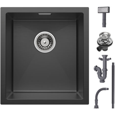CECIPA fregadero de cocina fregadero empotrado 40 x 44 cm fregadero de acero inoxidable negro, se puede instalar en encimeras con una longitud de más de 50 cm, con 2 interfaces reservadas
