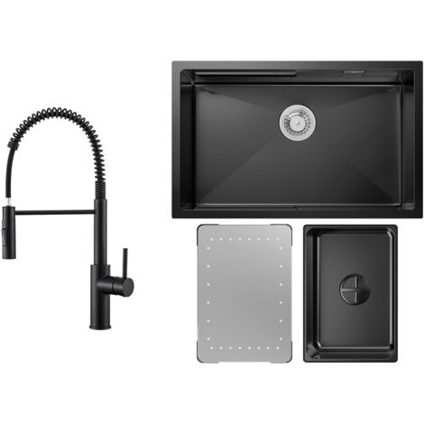 Fregadero de cocina 1,5 senos 70x44 cm fregadero de acero inoxidable fregadero bajo encimera negro antracita + grifo de cocina con resorte negro con 2 tipos de chorro 480 mm