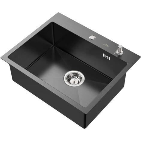 Aurlaum Fregadero Cocina de una cubeta 55x45cm Gris oscuro, Fregadero de Acero Inoxidable con 300ml Dispensador de Jabón y Sifón set, Fregadero Sobre Encimera o Encastrado (1/5)