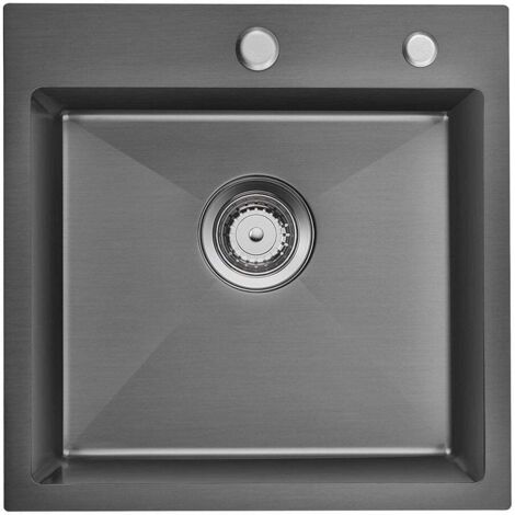 Auralum Fregadero de Cocina de una Cubeta 45 x 45 cm, Fregadero de Acero Inoxidable, Fregadero Enrasado o Sobre Encimera con Juego de rebosadero y Desagüe y Sifón, Gris oscuro