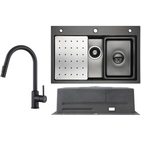 Fregadero de cocina de acero inoxidable 70x45cm negro antracita con escurridor + grifo de cocina extraíble negro con 2 tipos de chorro alto 404MM (1/5)