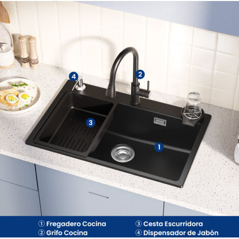 Fregadero de cocina de granito de 70 x 45 cm con grifo extraíble de dos funciones, escurridor y dispensador de jabón. Ideal para armarios de más de 80 cm
