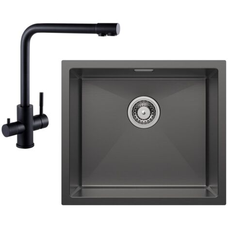 Fregadero bajo encimera con 1 seno Fregadero de acero inoxidable 50×44CM negro antracita + grifo de cocina negro Grifo para fregadero 3 en 1, altura 344 mm
