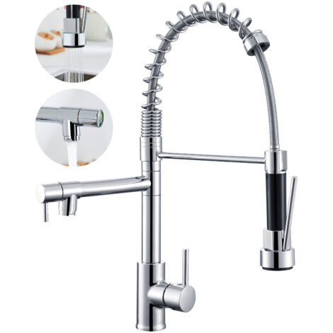 Auralum Grifo de cocina con muelle Cromo, 2 salidas de agua, 2 Modos de extraíble y Fijo, Giratorio 360° Grifo de Fregadero, Mezclador de Cocina para Agua Fria y Caliente
