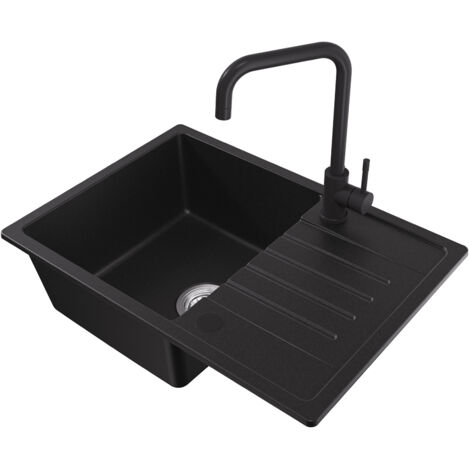 Fregadero de cocina con escurridor, 65 x 45 cm, bajo encimera, instalación de dos vías + grifos de cocina, mezclador negro
