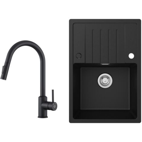 Fregadero de cocina Fregadero de granito negro antracita de 65x45 cm con escurridor + grifo de cocina extensible negro con 2 tipos de chorro alto 404 mm (1/5)