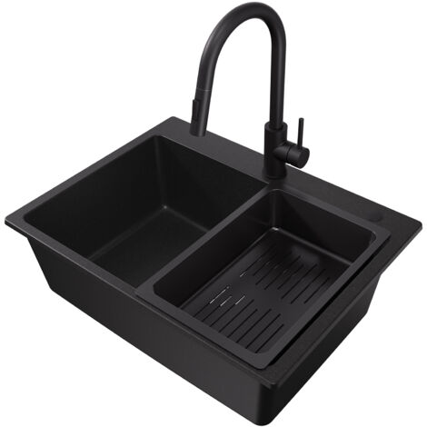 Fregadero de granito de 60 x 45 cm, fregadero de cocina de granito con escurridor + grifo mezclador negro con ducha extraíble, 2 modos de chorro