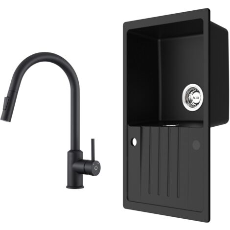 Fregadero de cocina 78x45cm fregadero de granito negro antracita con escurridor + grifo de cocina extensible negro con 2 tipos de chorro alto 404MM (1/5)