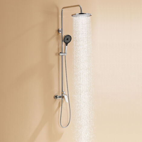 Auralum Columna de Ducha Cromo, Conjunto de Ducha para Bañeras / Baños con 10 pulgadas Ducha de lluvia y 3 funciones Ducha de mano, Altura regulable en 103-139cm