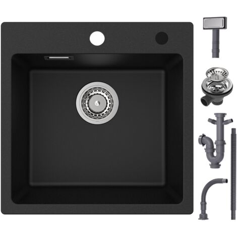 CECIPA 45 x 45 cm Fregadero de granito  Fregadero de cocina negro Fregadero cuadrado de un seno de granito