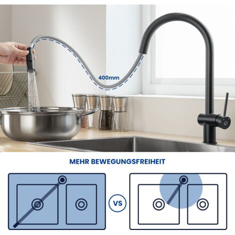Grifo De Cocina Negro Extraíble - Con 2 Tipos De Chorro Y Giro 360°, Para Fregaderos De 32-38 Mm