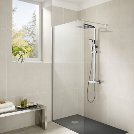 Columna Ducha con Termostática Cromo, Auralum Conjunto de Ducha con Termostática Mezclador de Latón, con Rociadores de ducha y Ducha de Mano, Barra de ducha Ajustable a 75,5cm-127,5cm