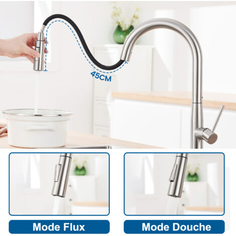 Auralum Grifo de Cocina Extraíble de 45cm, 360° Giratorio Grifo de Fregadero Monomando Cocina en Acero Inoxidable, 2 Funciones Monomando de Cocina con Aireador Extraíble (1/5)