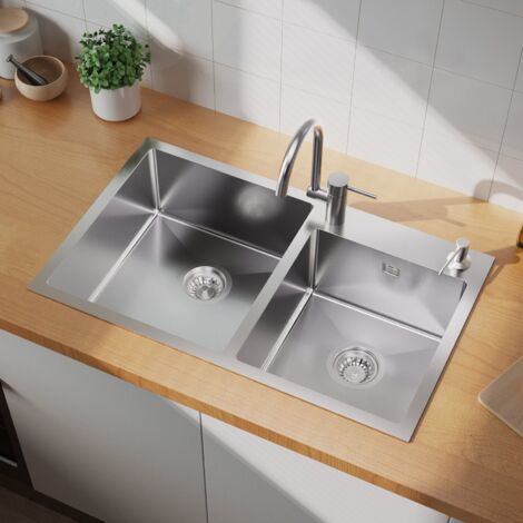 Fregadero cocina con 2 Senos, 75 x 45cm Fregadero de cocina de acero inoxidable, Fregadero empotrado Cuadrado con Dispensador de Jabón, Desagüe y Sifón
