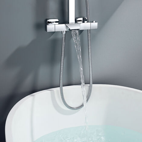IATUPKE Grifo De Bañera Dorado Cepillado Grifo De Baño Montado En La Pared Con Juego De Ducha De Mano, Latón Montado En La Pared, Termostato De Llenado De Bañera De Latón