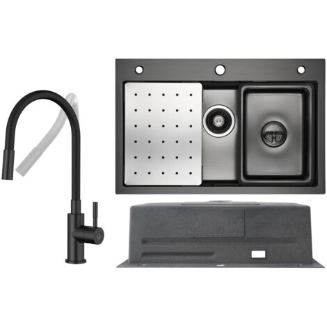 Fregadero de cocina de acero inoxidable 70x45 cm negro antracita con escurridor + grifo de cocina universal negro alto 380 mm (1/5)