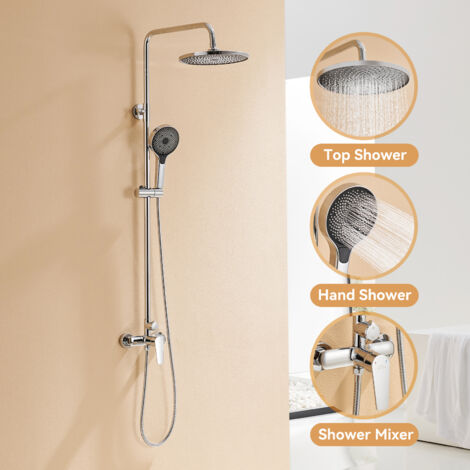 Auralum Columna de Ducha Cromo 2 Funciones Redondo Conjunto de Ducha con 10 pulgadas Ducha de lluvia y Ducha de mano, Barra de ducha regulable en altura 103-139cm