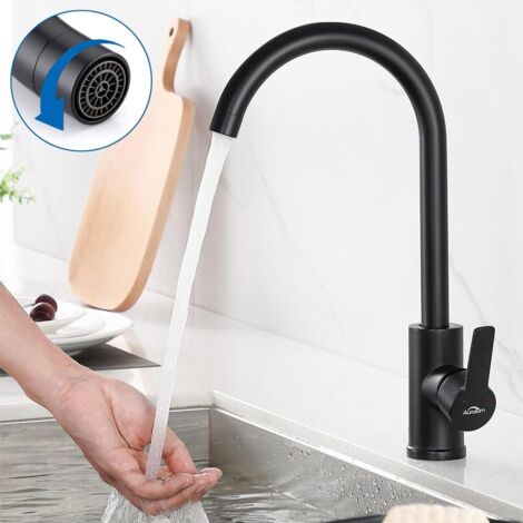 Mezclador Grifo Cocina Alto con Aireador en Acero inoxidable Negro 360° Giratorio  Monomando Grifería de Fregadero para Agua Fría y Caliente (1/5)